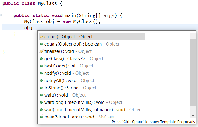 Eclipse - metody klasy Object
